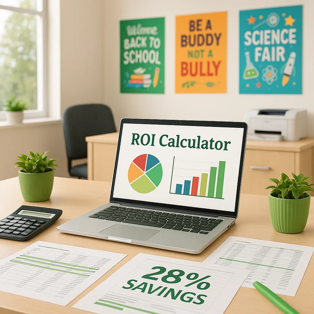 A bright, school administrator's office a desk setup. On the desk, display a laptop colorful ROI charts and graphs, a calculator, printed spreadsheets highlighted savings figures, and sample