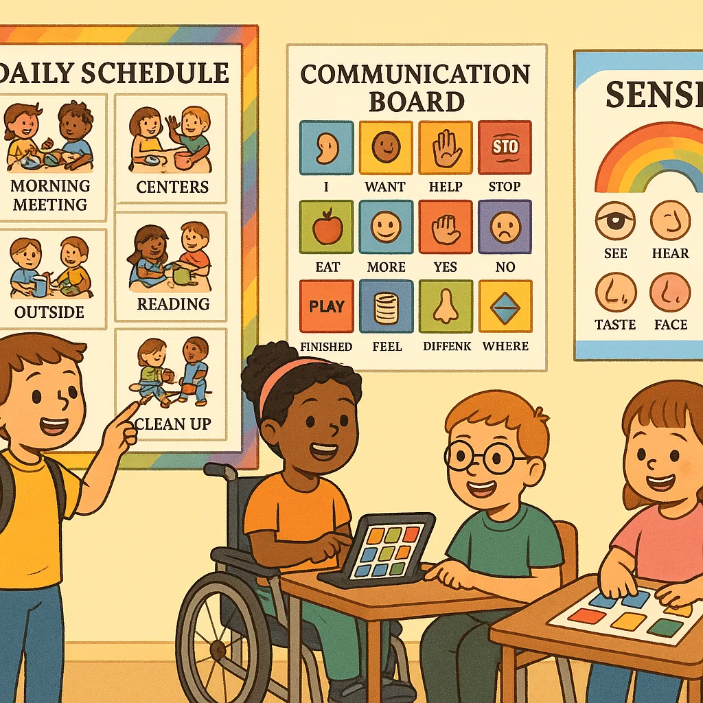 A bright, cheerful classroom scene a diverse group of special education students engaging colorful visual learning aids on the walls. Show customized poster schedules, communication boards, and