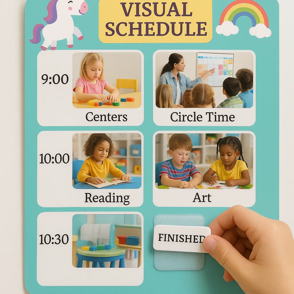 Design a close-up view of a personalized visual schedule real photographs of classroom activities, unicorn and rainbow decorations, and velcro pieces that say "finished". Show a child's hand