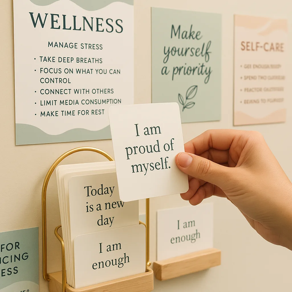A close-up view of a teacher’s hand selecting an affirmation card from a decorative holder mounted on a wellness wall. The cards should be professionally printed elegant typography and calming Teacher wellness corner with calming posters