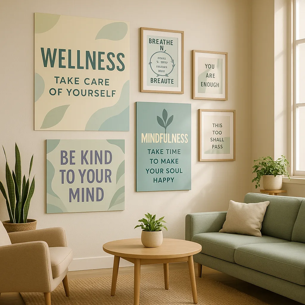 A warm, inviting staff room corner a beautifully designed wellness wall various sizes of colorful posters displaying mindfulness quotes, breathing exercises, and positive affirmations. The wall