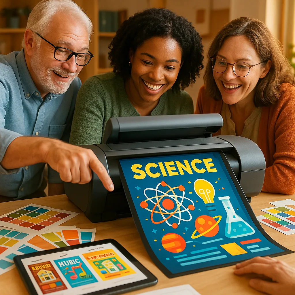 Close-up view of a diverse group of three teachers (different ages and ethnicities) gathered around a poster maker, collaborating on a design. One teacher points at the screen while others smile Teacher creating colorful classroom posters with school poster maker