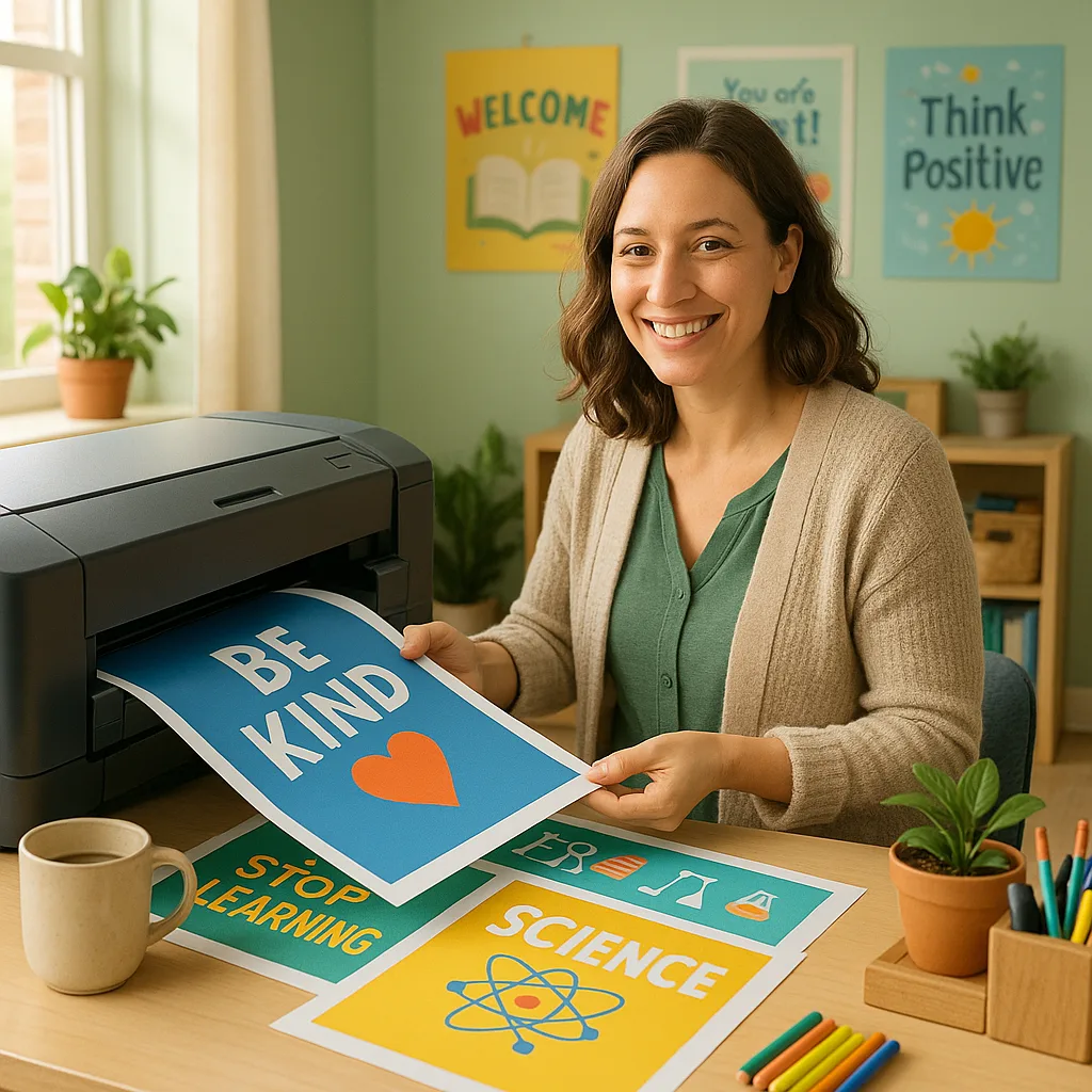 A warm, inviting teacher workspace a female teacher in her 30s a genuine smile, creating colorful educational posters at a poster printer. The scene shows posters being printed motivational quotes
