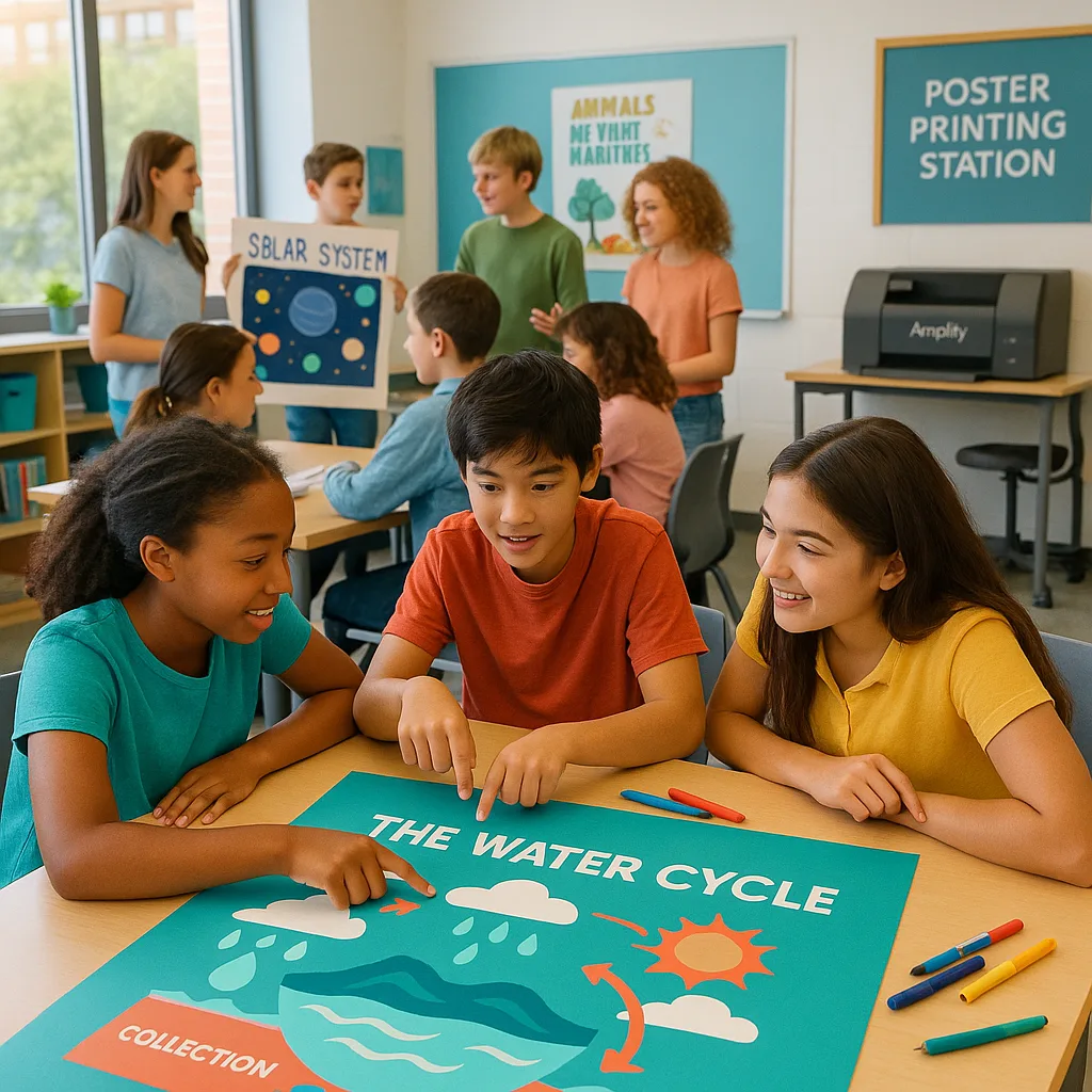 A vibrant, middle school classroom scene diverse students ages 11-14 actively engaged in creating educational posters. In the foreground, a group of three students (one Black girl, one Asian boy,