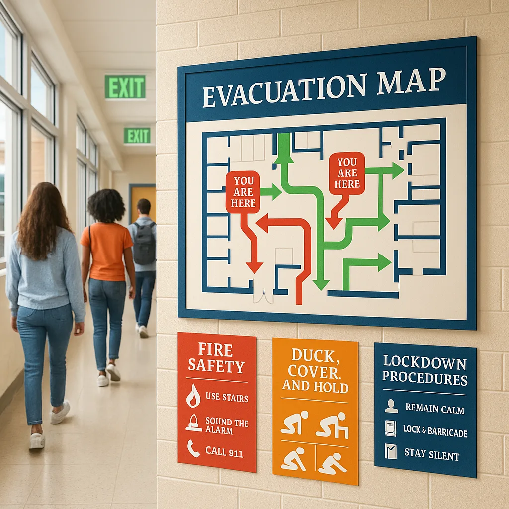 A bright, high school hallway multiple emergency preparedness posters clearly visible on the walls. The main focus is a large, colorful evacuation map poster bold arrows and "You Are Here"
