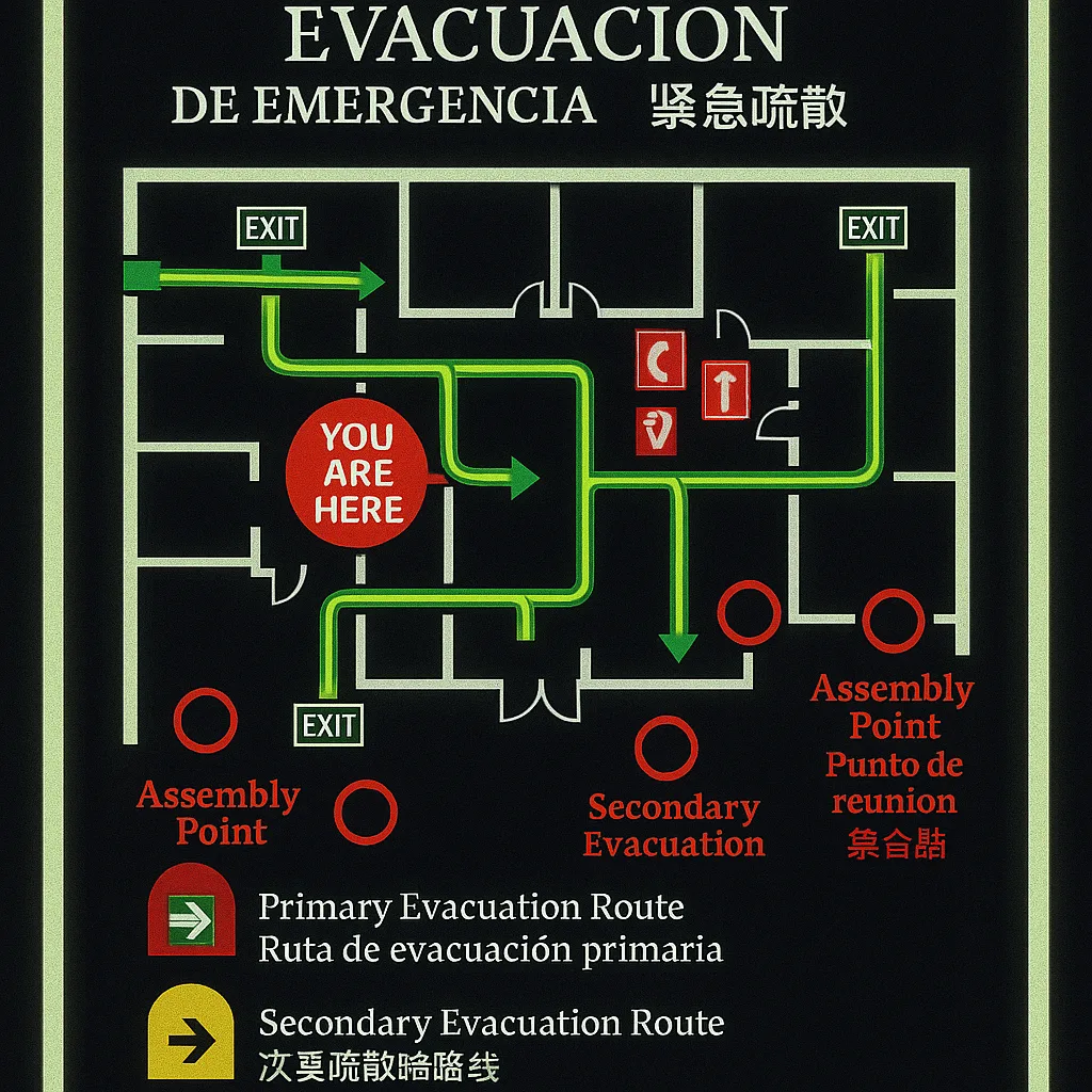 A close-up view of a emergency evacuation poster design a school floor plan clearly marked primary (green) and secondary (yellow) evacuation routes. The poster includes universal emergency