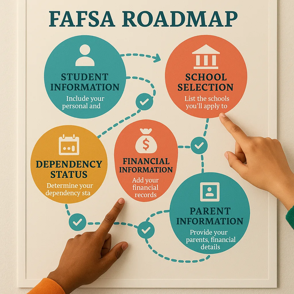 A close-up view of a FAFSA roadmap poster colorful bubbles and icons explaining each section of the financial aid form. The poster uses a combination of teal, coral, and golden yellow colors clear A close-up view of a FAFSA roadmap poster colorful bubbles and icons explaining each section of the financial aid form. The poster uses a combination of teal, coral, and golden yellow colors clear