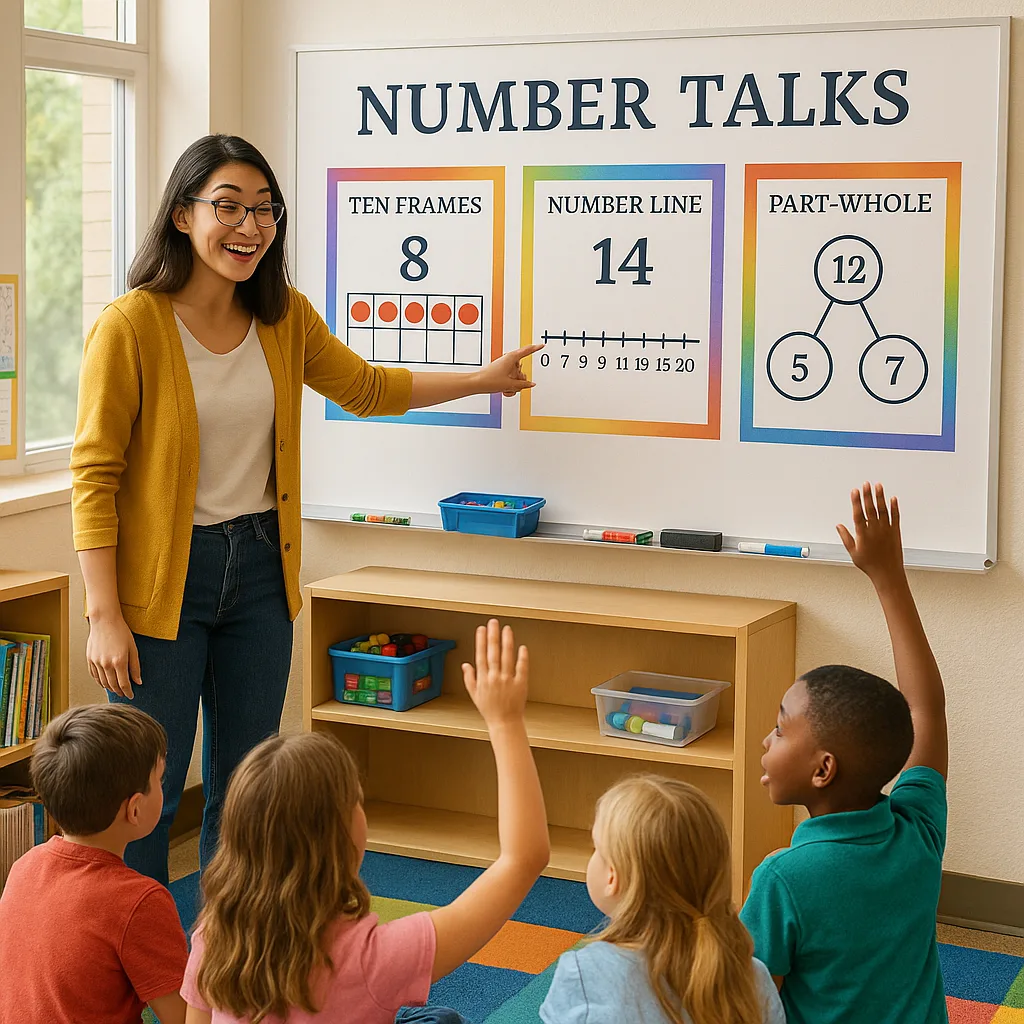 A bright, cheerful first-grade classroom scene a young female teacher (Sarah Nguyen persona) enthusiastically pointing to large, colorful number talk posters on the wall. The posters display ten