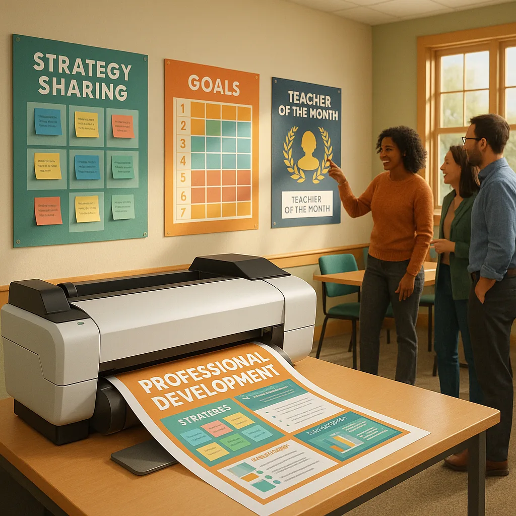 A warm, inviting development room soft natural lighting streaming through windows. The walls display colorful development posters strategy-sharing boards, goal tracking charts, and teacher