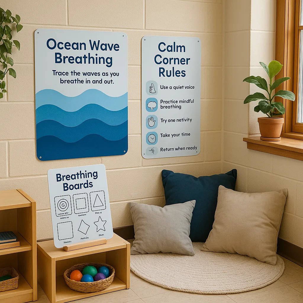 A cozy classroom reading nook transformed into a mindfulness corner. Display various sized breathing board posters created a poster maker – a large “Ocean Wave Breathing” poster blue gradient A cozy classroom reading nook transformed into a mindfulness corner. Display various sized breathing board posters created a poster maker - a large "Ocean Wave Breathing" poster blue gradient