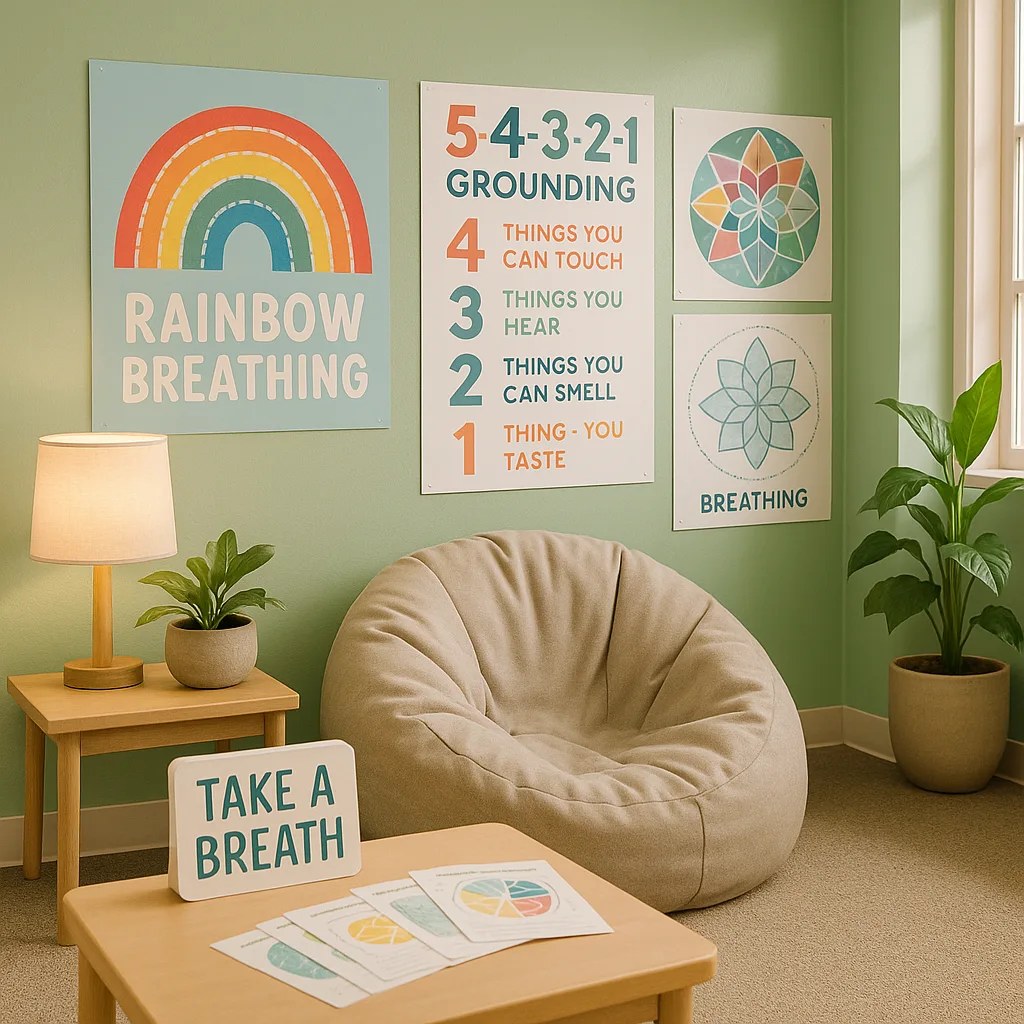 A serene classroom calm-down corner multiple colorful mindfulness posters on soft green walls. Include a large rainbow breathing path poster, a "5-4-3-2-1 Grounding" visual guide, and geometric
