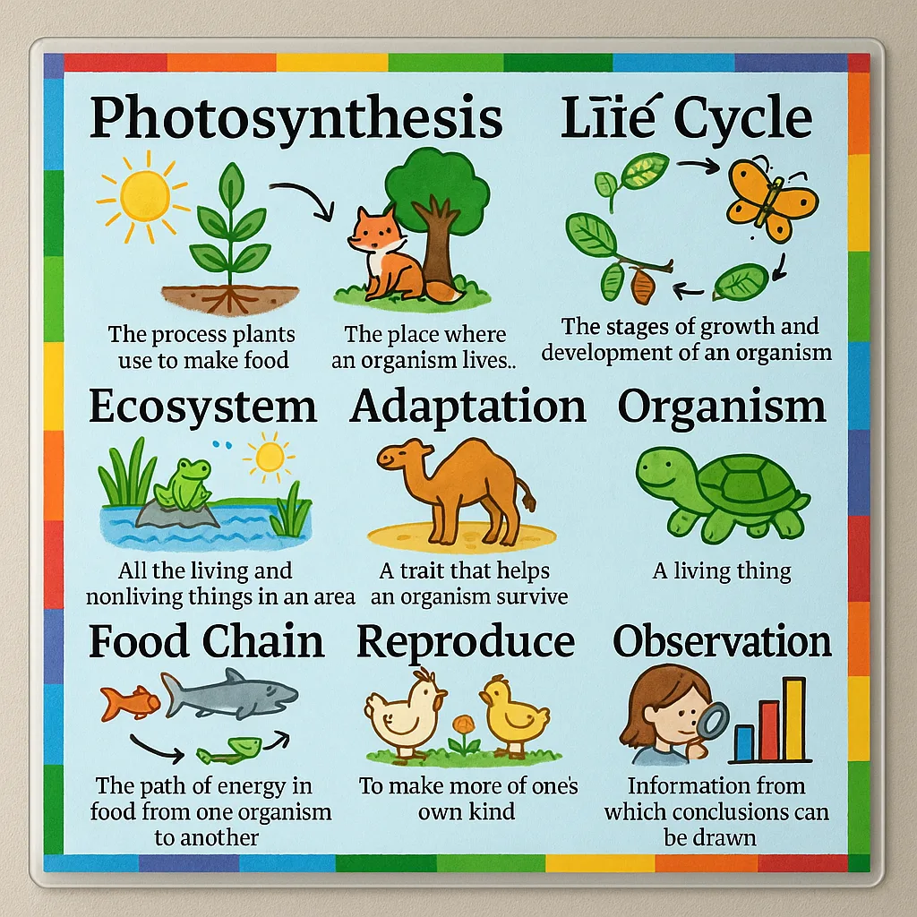 A close-up view of a colorful science visual dictionary poster vocabulary terms like “photosynthesis,” “habitat,” and “life cycle” student-drawn illustrations and simple definitions. The poster A close-up view of a colorful science visual dictionary poster vocabulary terms like "photosynthesis," "habitat," and "life cycle" student-drawn illustrations and simple definitions. The poster