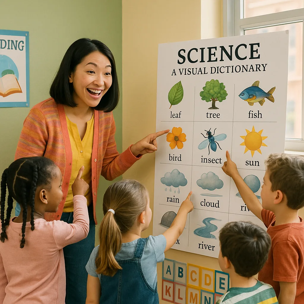 A bright, cheerful classroom scene a first-grade teacher (young Asian woman shoulder-length black hair, wearing a colorful cardigan) pointing enthusiastically at a large visual dictionary poster
