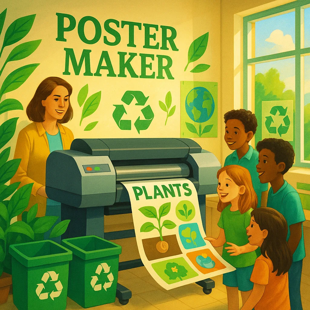 A vibrant, classroom scene a poster maker machine (similar to a large format printer) in action. The machine is surrounded by lush green plants, recycling bins, and eco-friendly symbols. A teacher