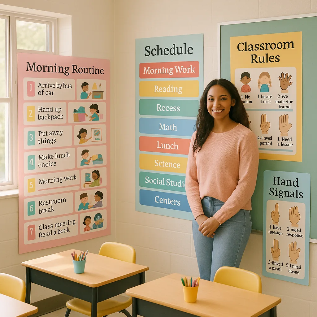 A bright, cheerful first-grade classroom colorful educational posters on the walls. The scene shows a young female teacher (early 20s, diverse ethnicity) standing near a large visual schedule