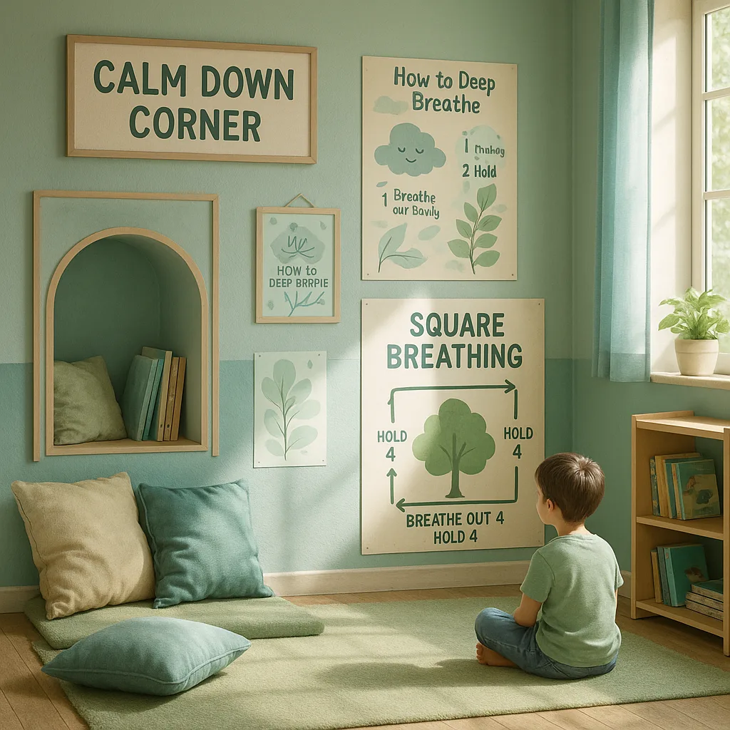 A serene classroom calm down corner soft blue and green color schemes, a cozy reading nook, nature-themed posters on the walls breathing exercises and emotion regulation charts, soft pillows, and Students using visual breathing guides