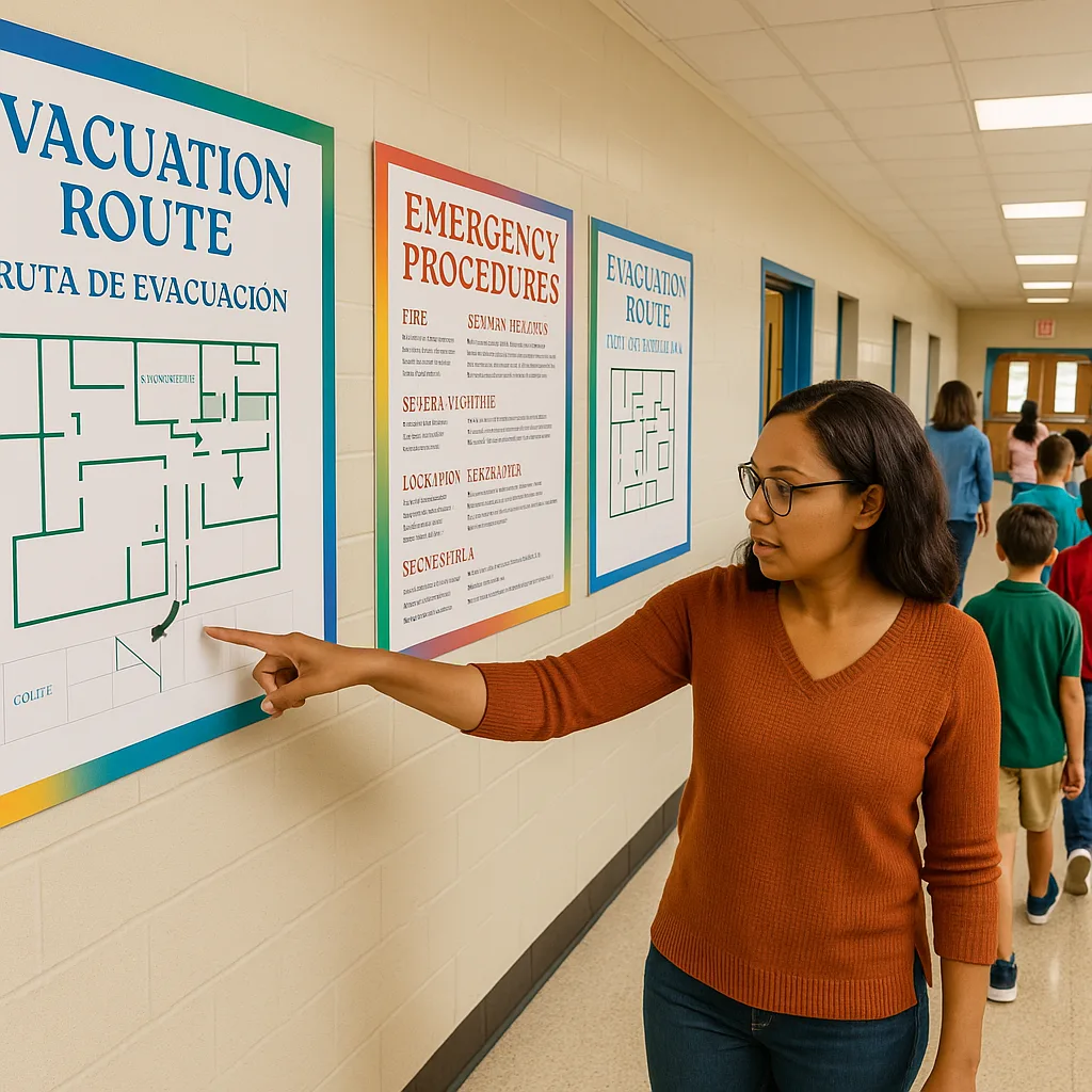A vibrant, wide-angle photograph of a Gulf Coast school hallway during an emergency drill. The walls display large, colorful weatherproof posters evacuation routes and emergency procedures in
