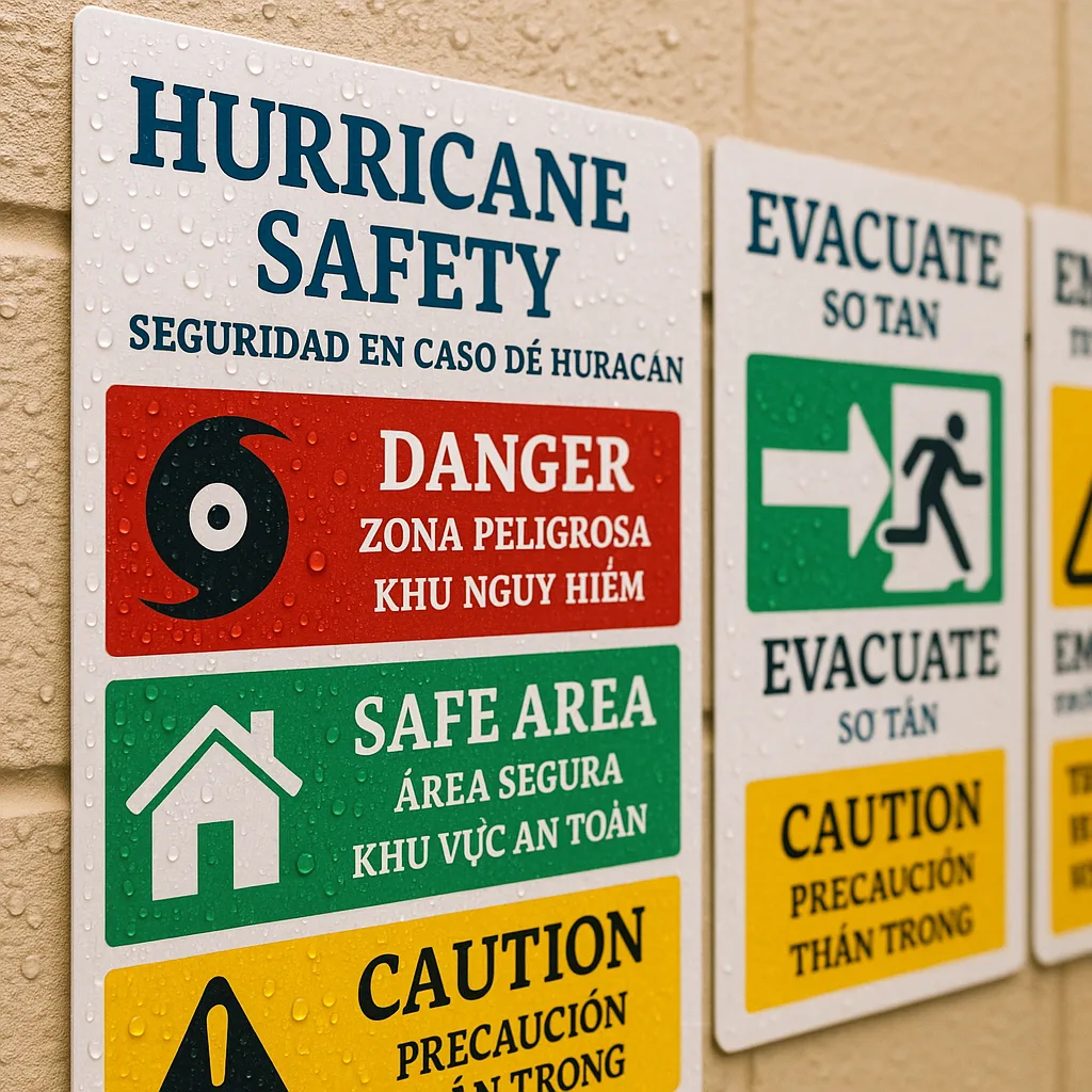 A close-up photograph of weatherproof emergency preparedness posters mounted on a school wall. The posters feature hurricane safety instructions universal symbols, color-coded sections (red for A close-up photograph of weatherproof emergency preparedness posters mounted on a school wall. The posters feature hurricane safety instructions universal symbols, color-coded sections (red for