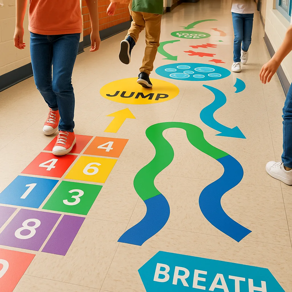 A vibrant, photograph a school hallway a colorful sensory path on the floor. The path features various movement stations hopscotch squares, balance beams, animal walk sections, and breathing