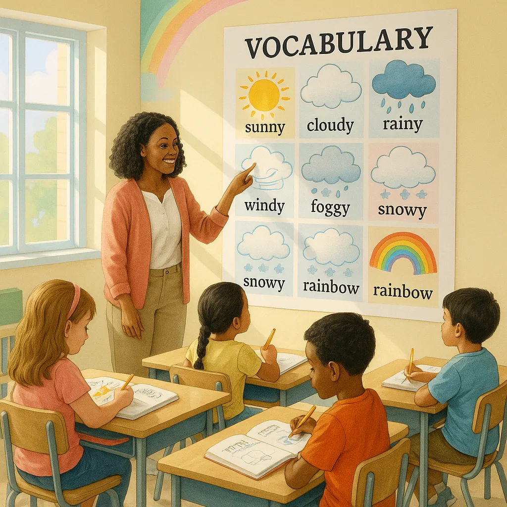 A bright, cheerful classroom scene a first-grade teacher pointing to a large, colorful vocabulary poster on the wall while students sit at desks working on their personal visual vocabulary