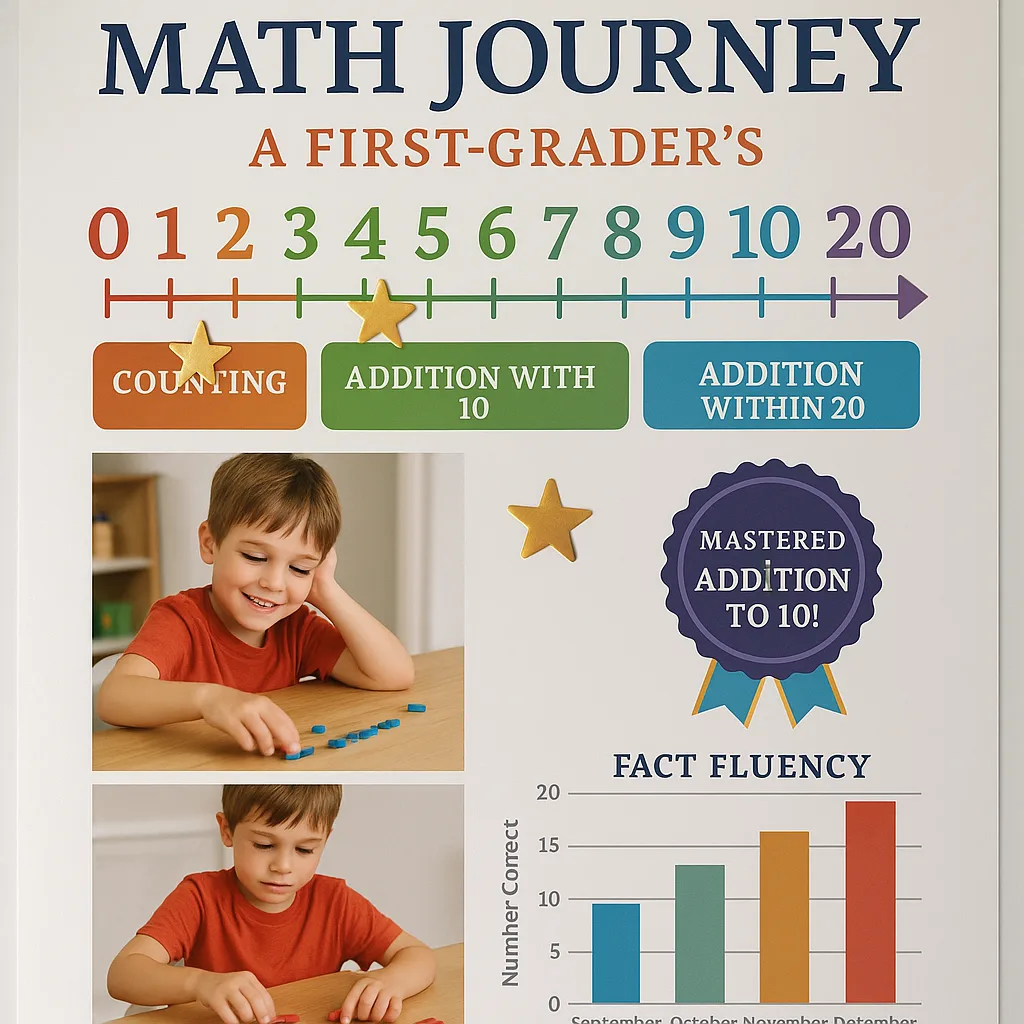 A close-up view of an academic progress poster a first-grader’s math journey. The poster features a colorful number line progression from counting to addition, gold star stickers at milestones A close-up view of an academic progress poster a first-grader's math journey. The poster features a colorful number line progression from counting to addition, gold star stickers at milestones