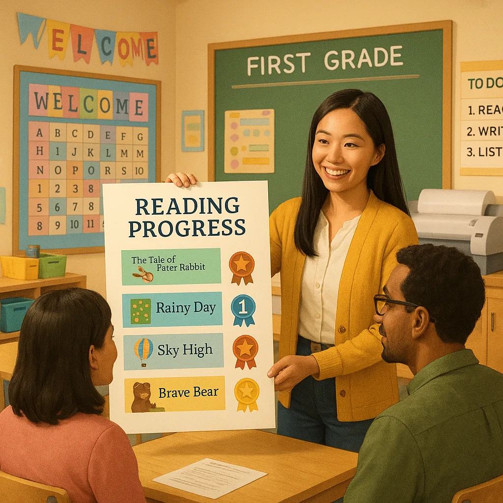 A bright, cheerful first-grade classroom during parent-teacher conference night. The room is decorated colorful visual progress charts and posters on the walls. In the center, a smiling young
