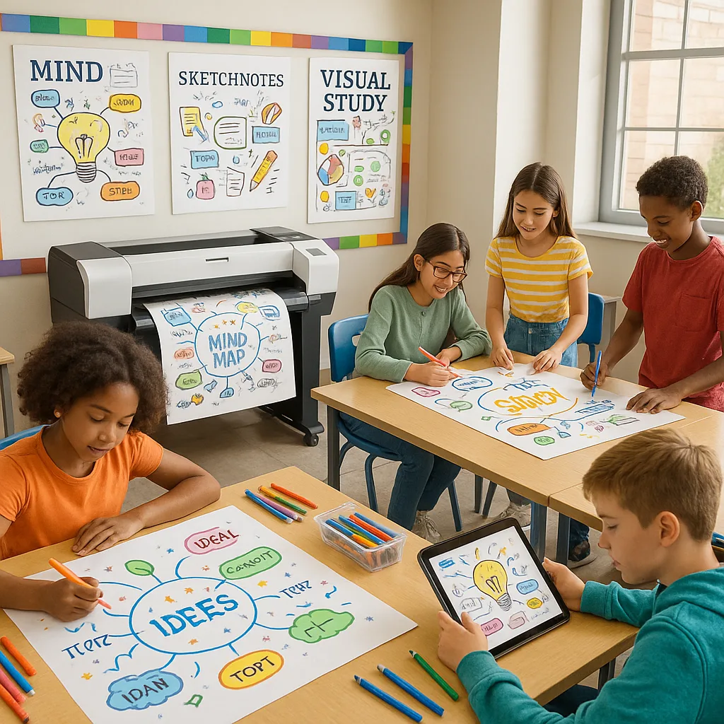 A vibrant, classroom scene diverse middle school students actively creating colorful visual notes on large poster boards. The scene includes a poster maker machine in the background, students