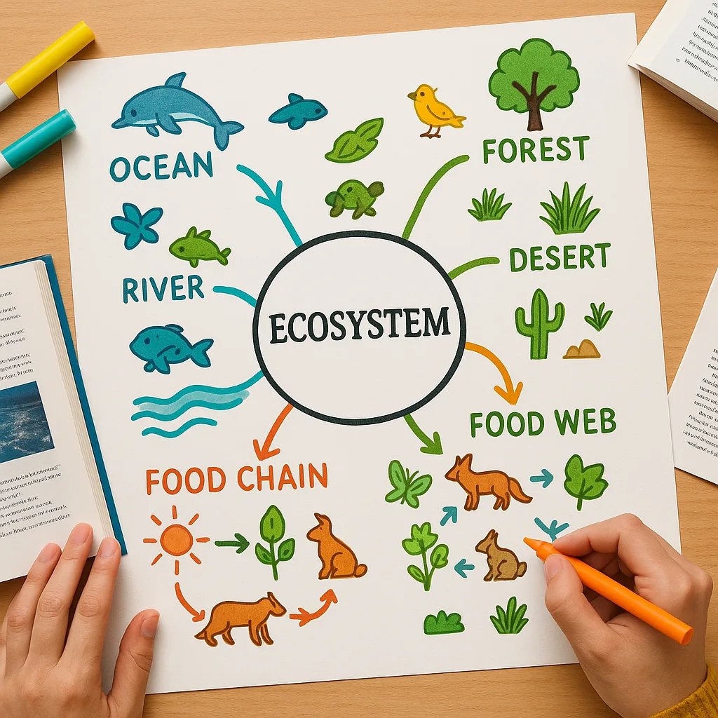 A close-up view of a student's hands creating a mind map about ecosystems on a large poster. The mind map features a central circle "ECOSYSTEM" in bold Merriweather font, colorful branches
