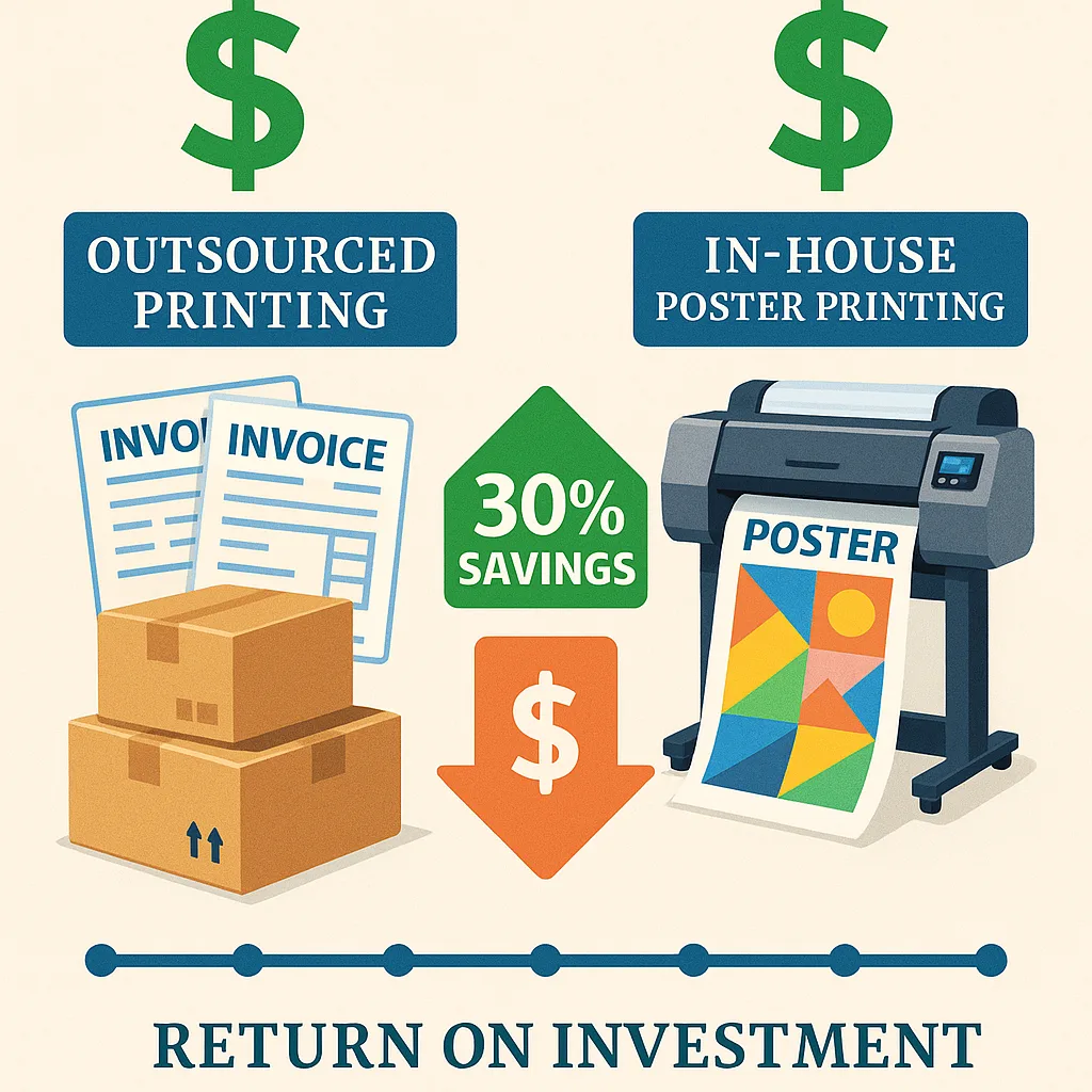 A infographic a side-by-side cost comparison between outsourced printing (left side, invoices and shipping boxes) and in-house poster printing (right side, a sleek poster maker freshly printed A infographic a side-by-side cost comparison between outsourced printing (left side, invoices and shipping boxes) and in-house poster printing (right side, a sleek poster maker freshly printed