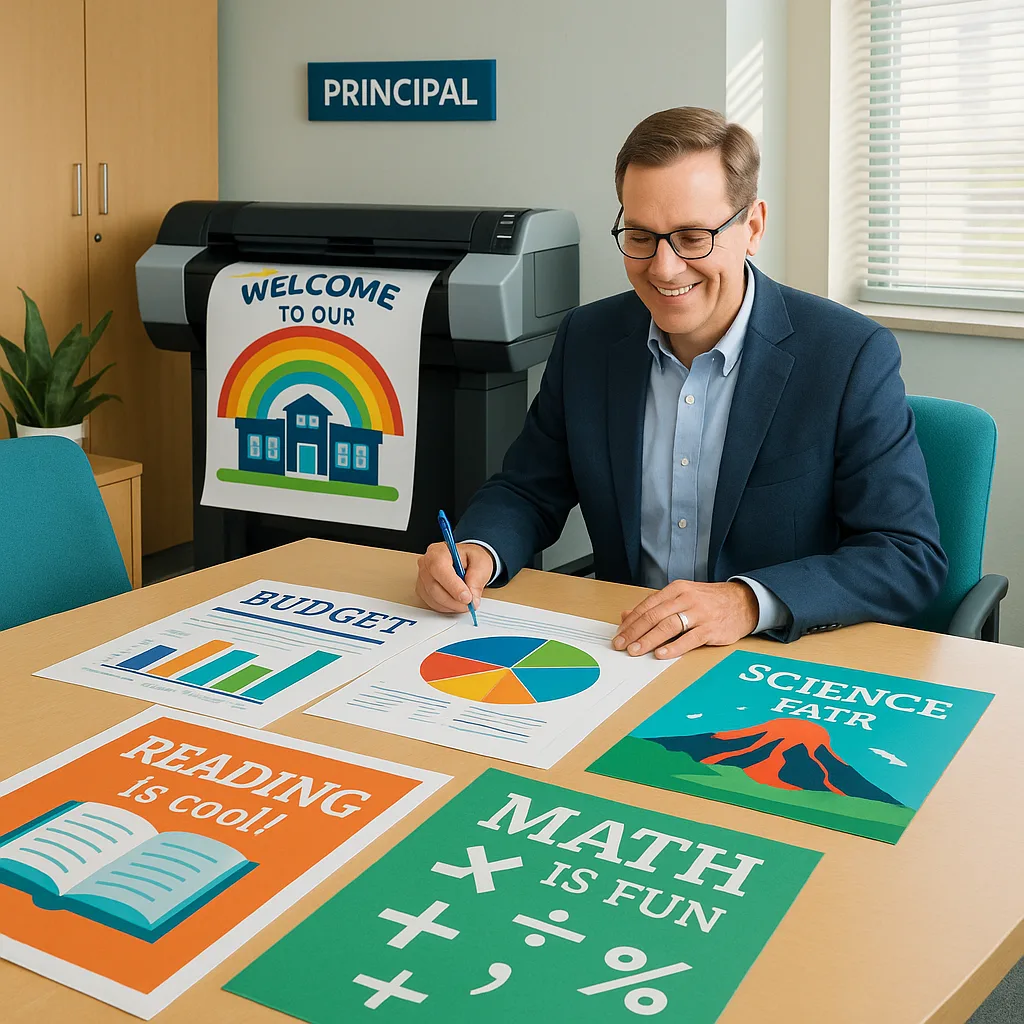 A bright, school office setting a principal reviewing colorful budget charts and poster samples spread across a conference table. Include a poster printer in the background producing educational