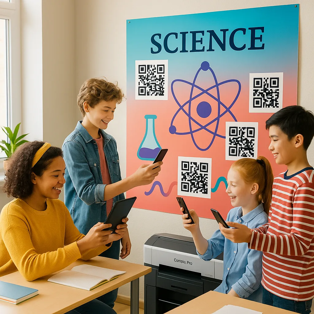 A vibrant, classroom setting showcasing a large educational poster on the wall prominent QR codes integrated into the design. The poster displays a colorful science diagram 3-4 QR codes