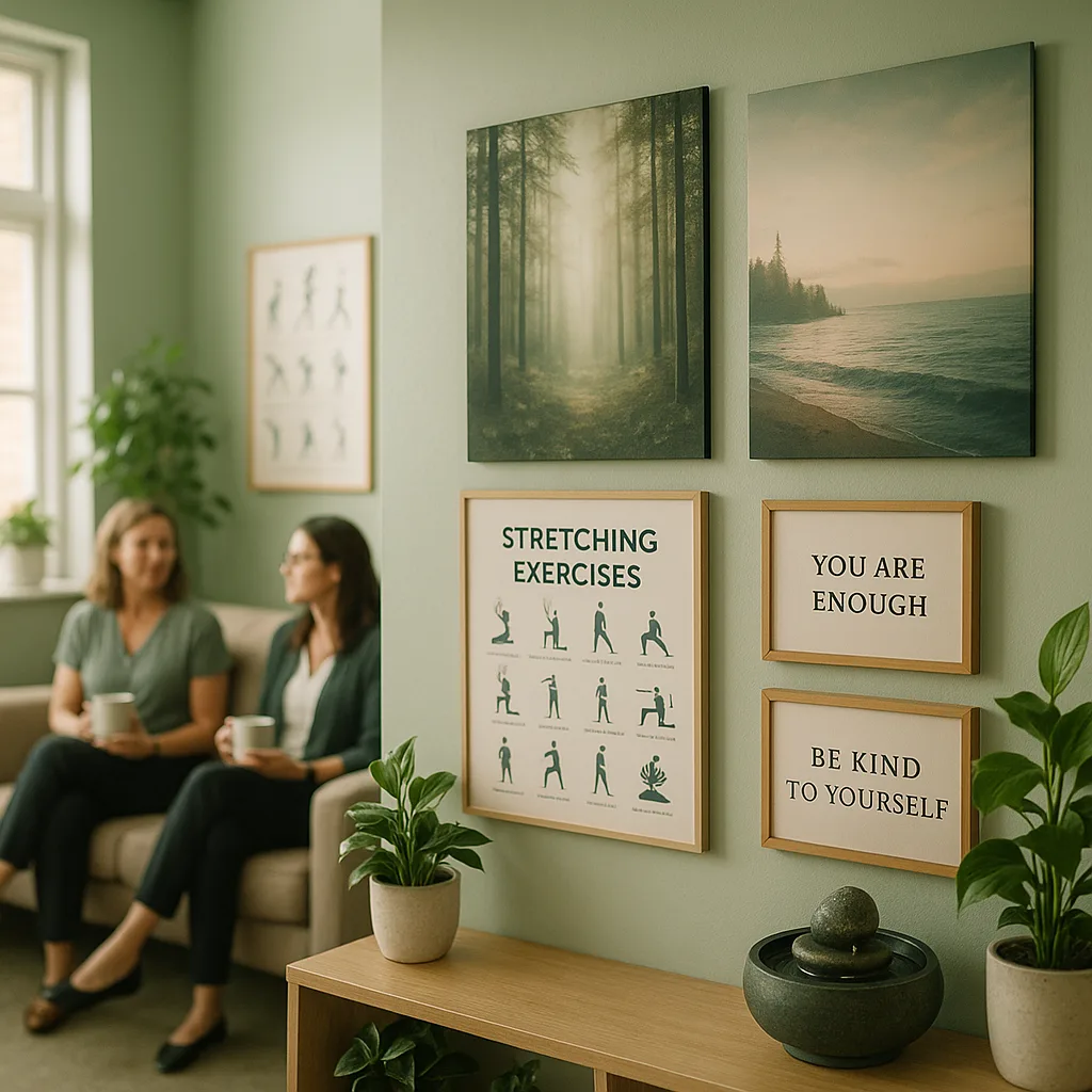 A serene, teacher's staff room a comfortable seating area soft sage green walls. Show a dedicated wellness corner large calming nature posters displaying forest scenes and ocean views mounted at