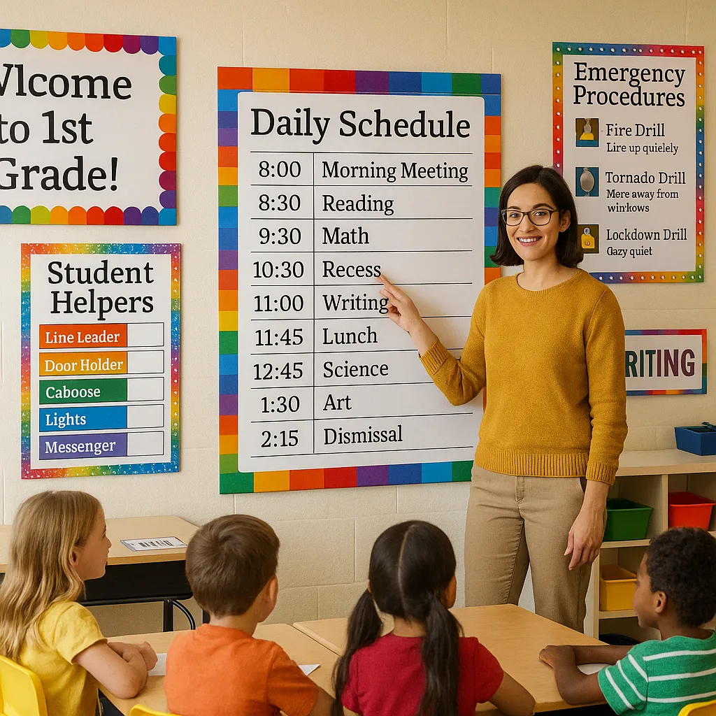 A bright, cheerful first-grade classroom colorful visual posters on the walls daily schedules, student helper charts, and emergency procedures. A substitute teacher stands confidently in front of