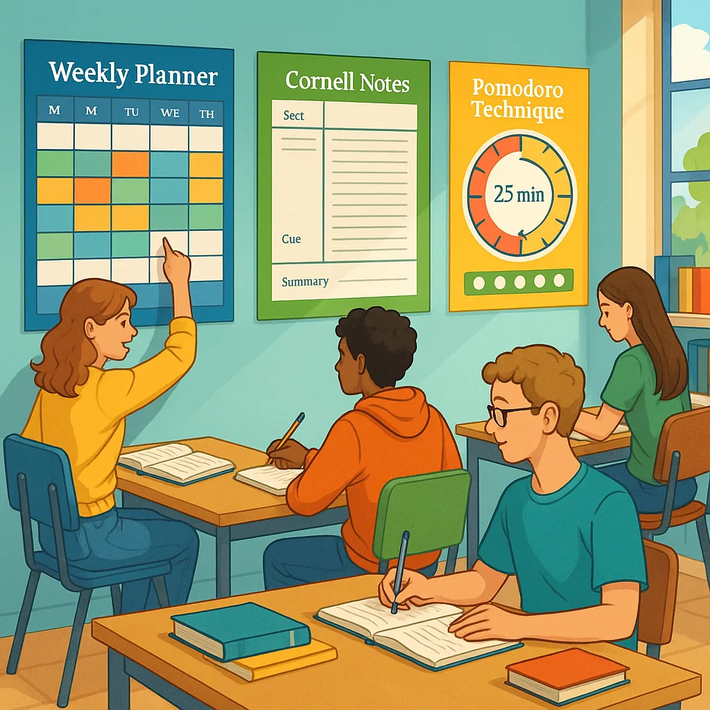A bright, engaging classroom or library study hall scene high school students actively using colorful time management posters on the walls. Include visible weekly planners, Cornell note templates,