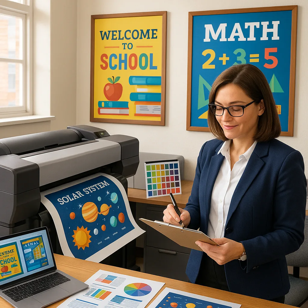 A bright, school office setting an administrator reviewing a checklist while standing next to a large-format poster printer. The scene shows printed educational posters in the background,