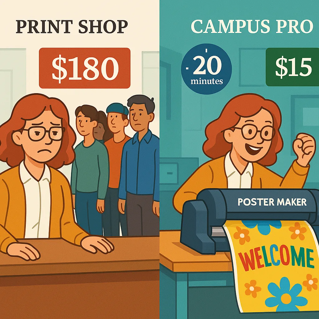 A split-screen comparison two scenarios: Left side shows a frustrated teacher waiting at a print shop counter a long line and high price display ($180). Right side shows the same teacher happily
