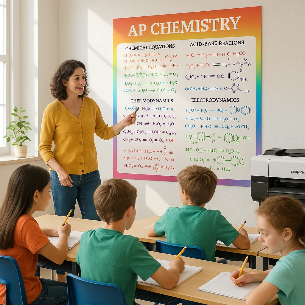 A classroom scene a teacher pointing to a large, colorful AP Chemistry formula sheet poster on the wall. The poster displays organized chemical equations and molecular structures in rainbow