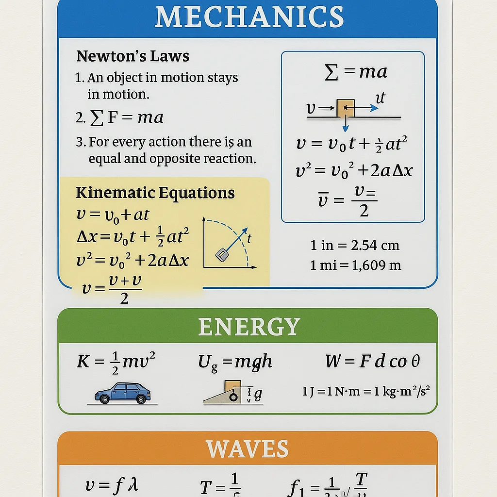 A close-up view of an AP Physics formula sheet poster Newton’s laws, kinematic equations, and energy formulas. The poster uses a color-coding system electric blue for mechanics, green for energy, A close-up view of an AP Physics formula sheet poster Newton's laws, kinematic equations, and energy formulas. The poster uses a color-coding system electric blue for mechanics, green for energy,
