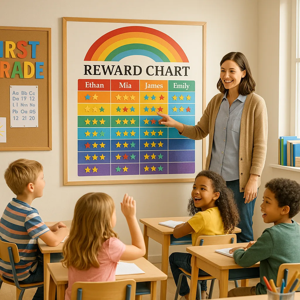 A bright, cheerful first-grade classroom a large, colorful reward chart displayed prominently on the wall. The chart features a rainbow theme student names and star stickers. A young female