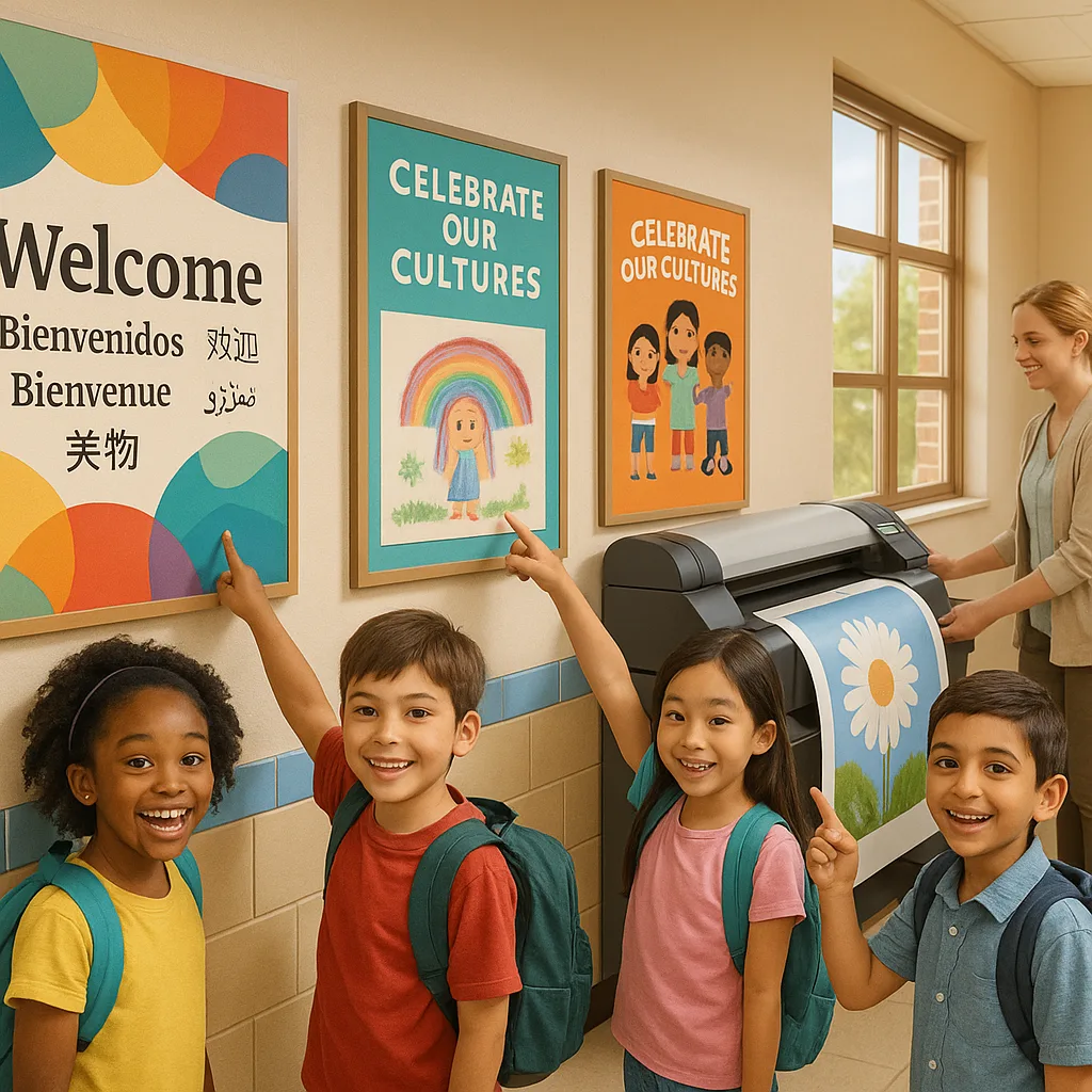 A vibrant, diverse elementary school hallway colorful posters celebrating different cultures, abilities, and achievements. Show students of various ethnicities smiling and pointing at posters that
