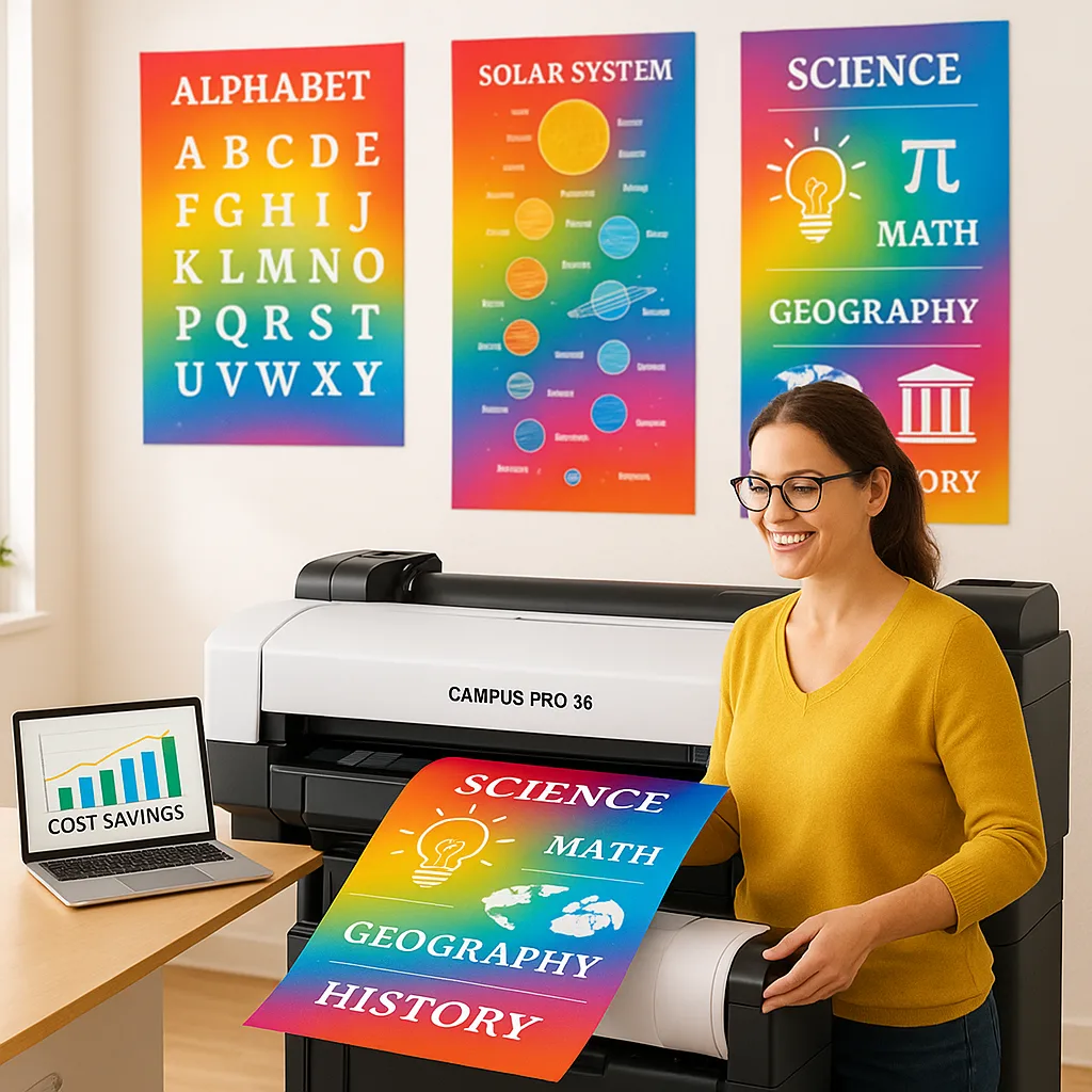 A bright, school office a teacher happily using a large format poster printer (Campus Pro 36 model visible). She's printing colorful educational posters while looking at cost savings displayed on
