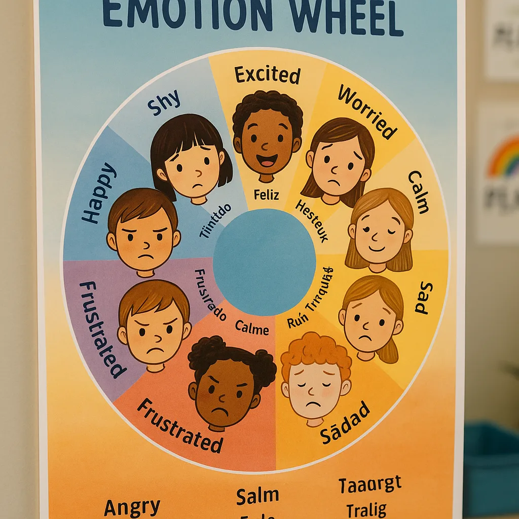 Close-up view of a beautifully designed emotion wheel poster diverse children’s faces expressing different feelings, emotion words in multiple languages arranged in a circular pattern. The poster Close-up view of a beautifully designed emotion wheel poster diverse children's faces expressing different feelings, emotion words in multiple languages arranged in a circular pattern. The poster