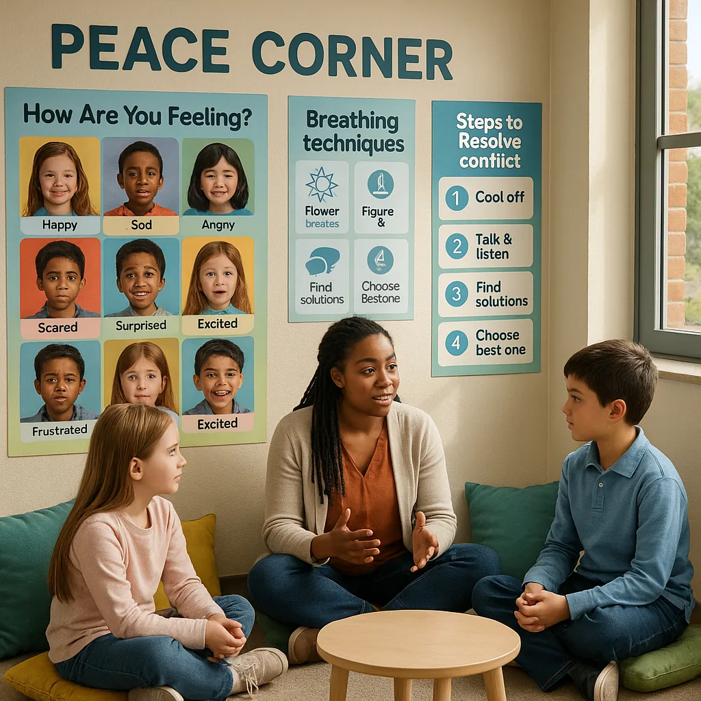 A warm, inviting classroom peace corner large, colorful emotion identification posters, breathing technique charts, and conflict resolution step-by-step guides on the walls. Soft cushions and a
