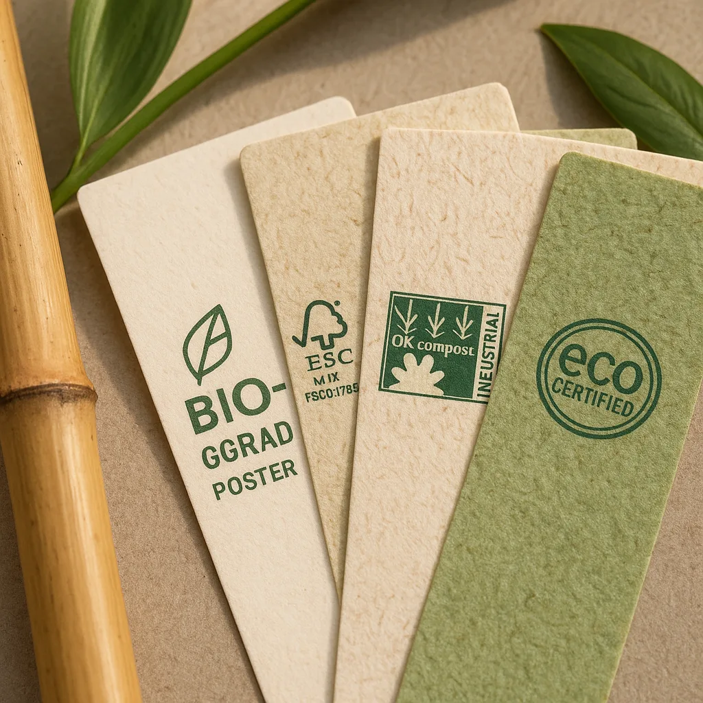 A close-up photo of biodegradable poster material samples arranged in a fan pattern, different textures and eco-certifications visible on each sample. Include natural elements like bamboo or