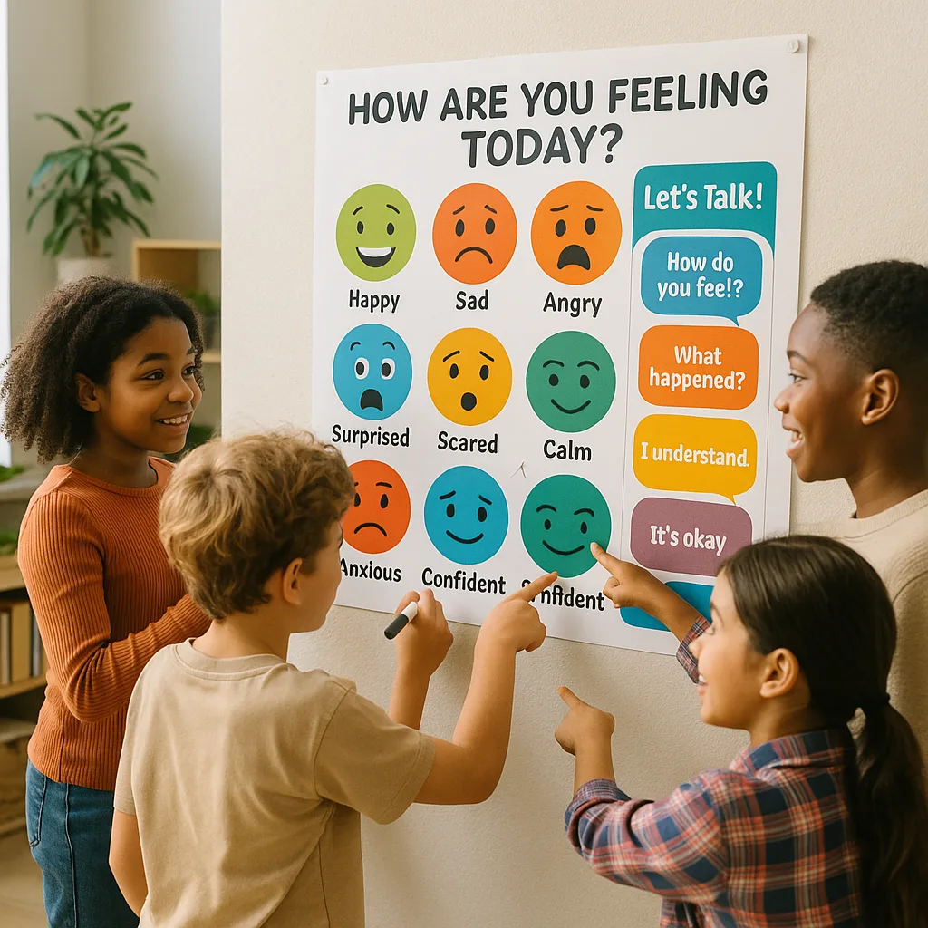 A warm, inviting classroom scene diverse students ages 8-12 gathered around a large, colorful poster on the wall. The poster displays emotion faces and conversation prompts graphics. Students are