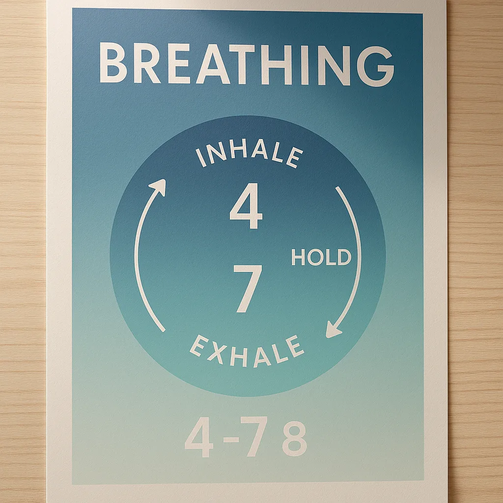 A close-up view of a beautifully designed mindfulness poster a circular breathing guide gradient colors transitioning from deep blue to soft aqua. The poster includes clear instructions for the A close-up view of a beautifully designed mindfulness poster a circular breathing guide gradient colors transitioning from deep blue to soft aqua. The poster includes clear instructions for the