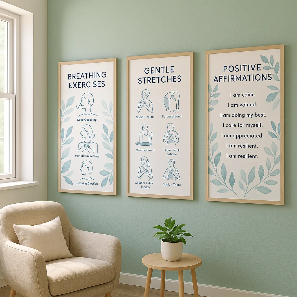 A serene teacher workroom corner a dedicated wellness station calming nature-themed posters on soft green walls. The space includes a comfortable chair, small plant, and three large wellness