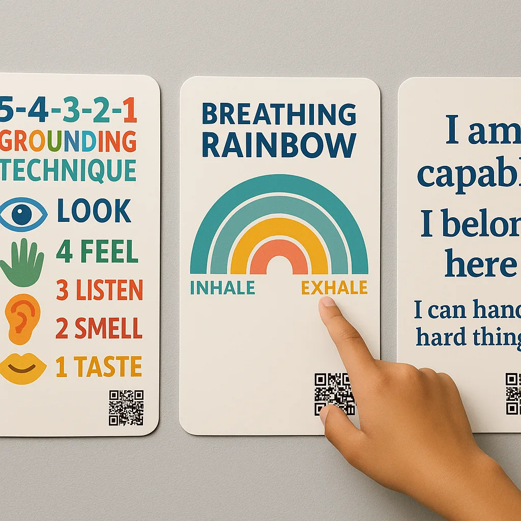 Design a close-up view of three different mindfulness posters mounted on a soft gray wall. The first poster shows a colorful “5-4-3-2-1 Grounding Technique” illustrations of the five senses. The Design a close-up view of three different mindfulness posters mounted on a soft gray wall. The first poster shows a colorful "5-4-3-2-1 Grounding Technique" illustrations of the five senses. The