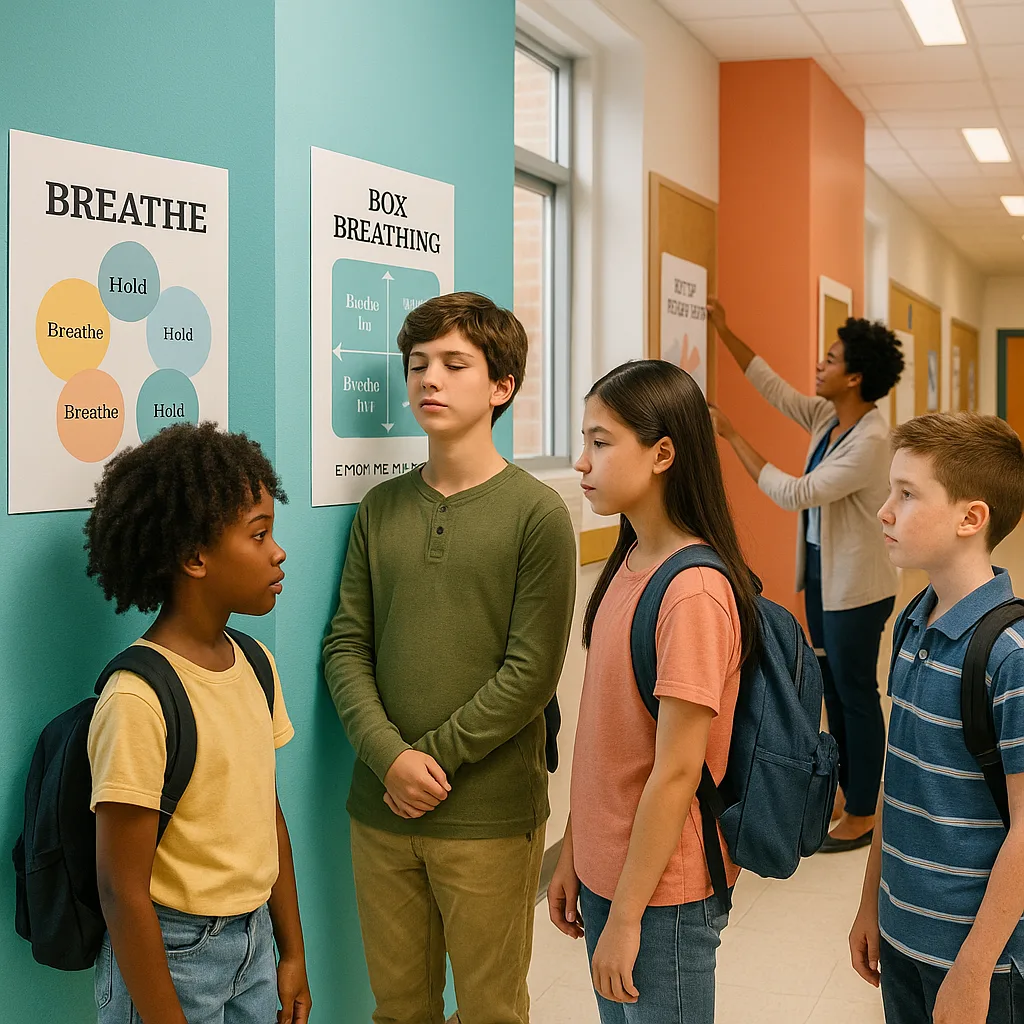 A bright, school hallway teal and coral accent walls various mindfulness posters at eye level. Show diverse middle school students (ages 11-14) pausing to read colorful breathing exercise posters