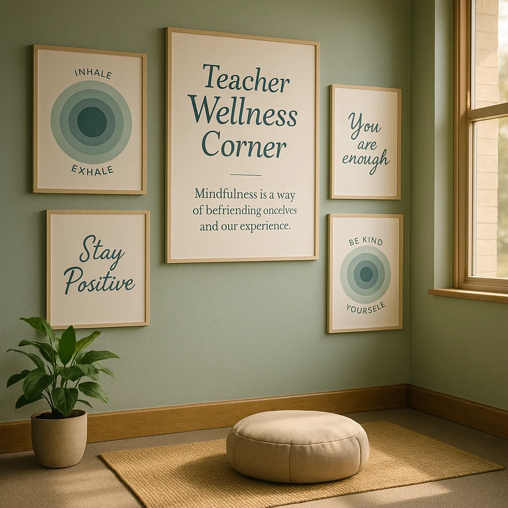 A serene teacher wellness corner in a school lounge multiple calming posters on sage green walls. The space includes a comfortable meditation cushion, a small indoor plant, and soft natural